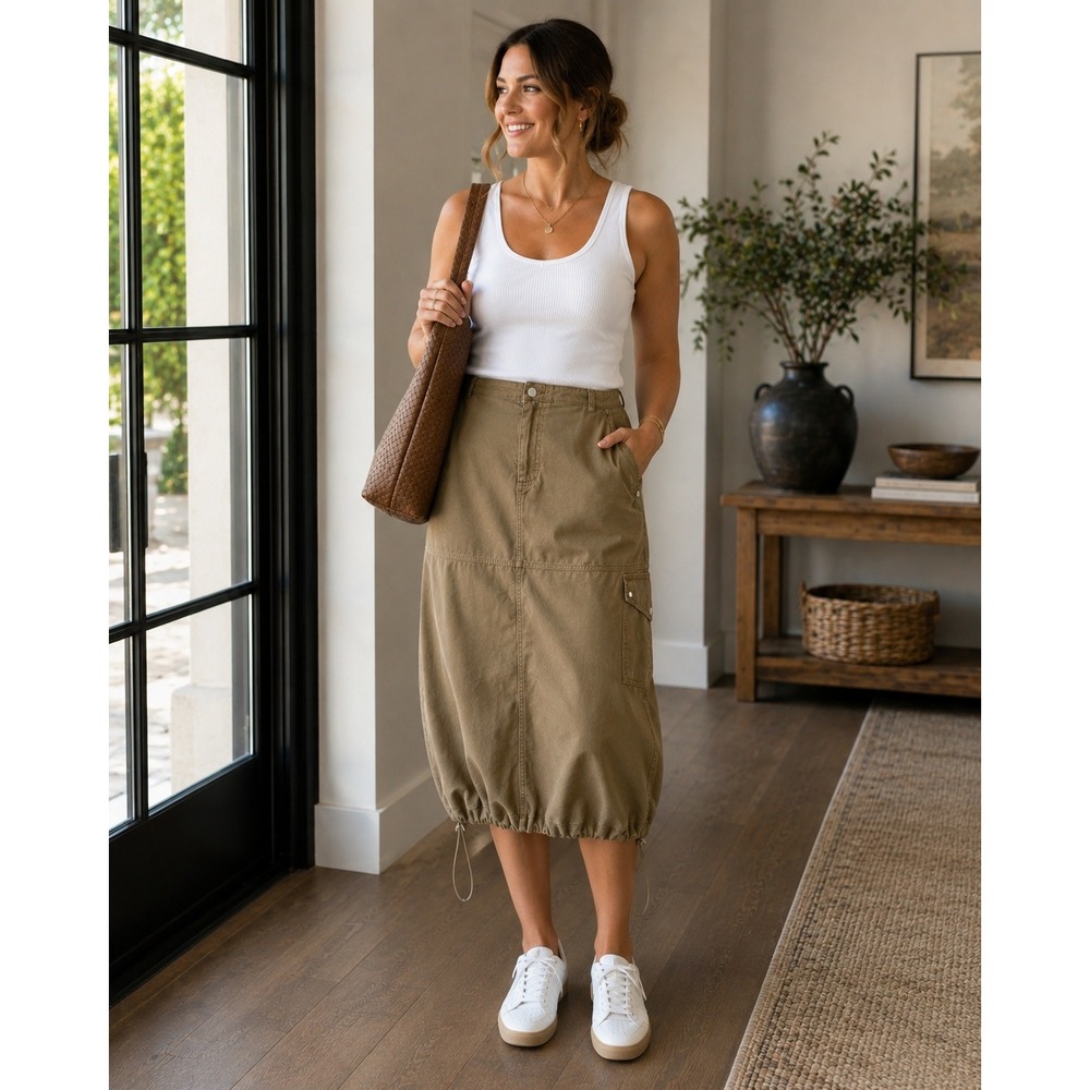 STAUD Cargo Skirt Womens XL NEW Tan Cotton Midi Drawstring Toggle Utility Skirt